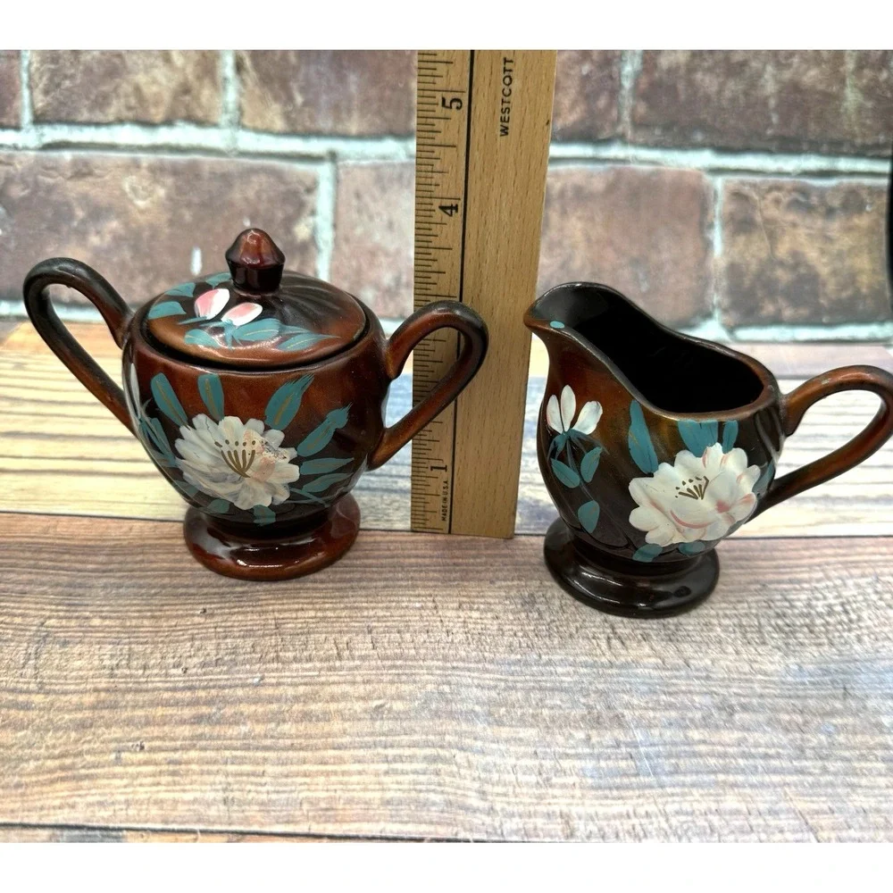 Vintage Japanese Moriage Redware Tea Set Floral‎ 1940s Pottery Pot Creamer Sugar
